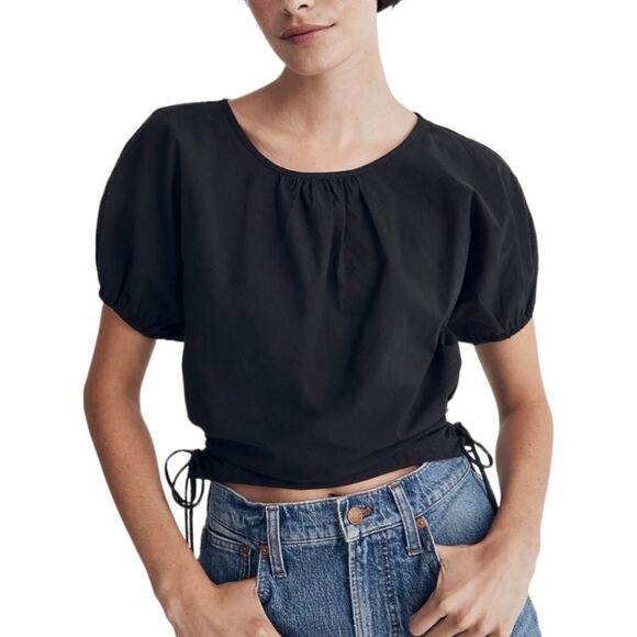 Madewell NWT Poplin Puff-Sleeve Side Cinch Cutout  Top sz XS in‎ Black - Picture 5 of 13